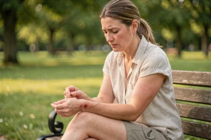 Femme allergique examinant une piqûre d'insecte sur son avant-bras dans un parc en été