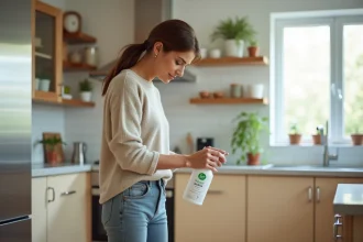 Femme appliquant un repelent naturel dans sa cuisine lumineuse
