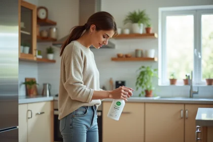 Femme appliquant un repelent naturel dans sa cuisine lumineuse