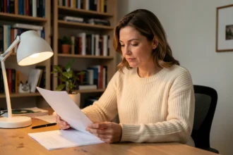 Femme travaillant à domicile sous une lumière blanche chaude avec une lampe de bureau ambrée dans un espace de travail organisé