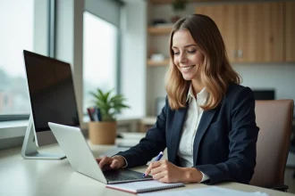 Femme professionnelle utilisant une tablette dans un bureau lumineux