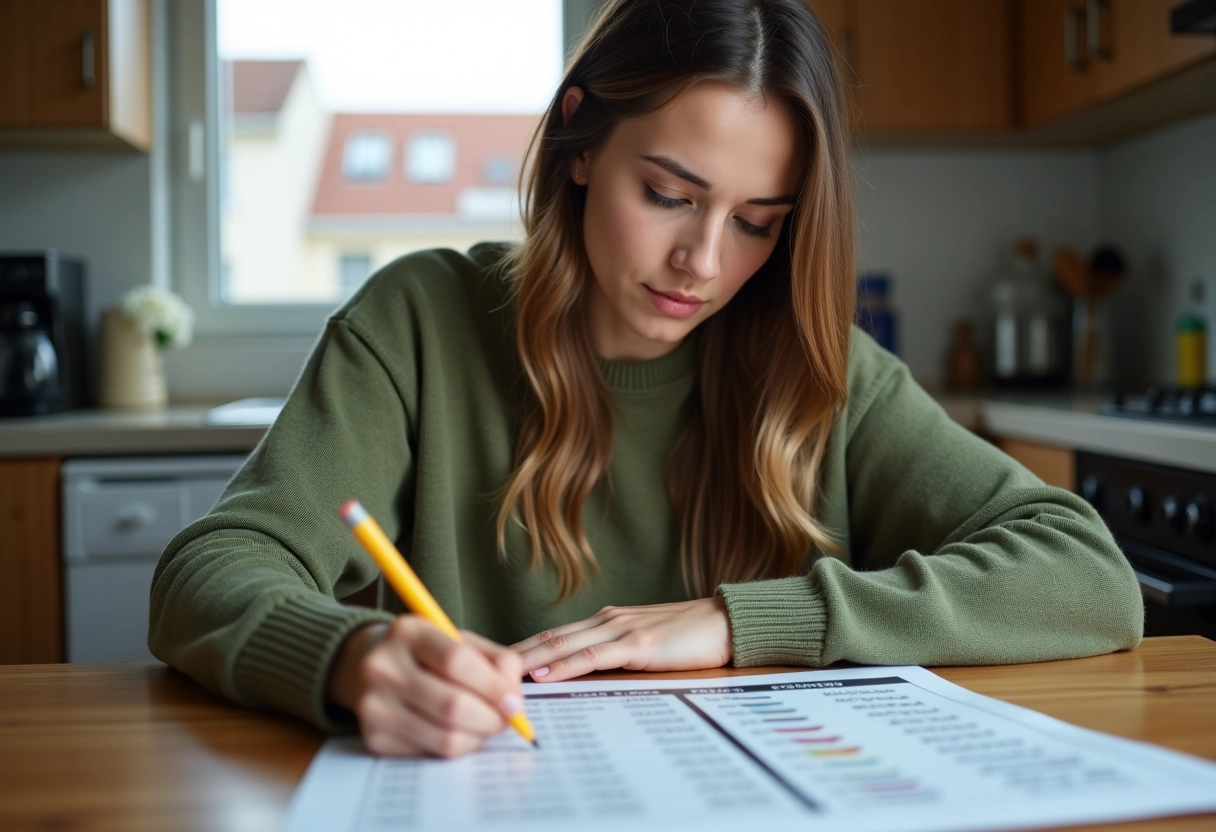 Jeune femme consulte un catalogue de prix gaz à la maison