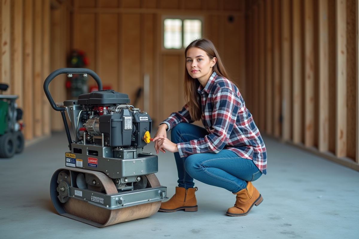 Jeune femme vérifiant le panneau de contrôle d’un compacteur dans un garage
