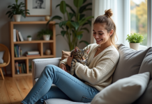 Habituer un chat à un nouveau propriétaire : conseils et astuces efficaces Jeune femme avec chat dans un salon chaleureux
