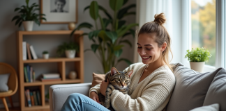 Habituer un chat à un nouveau propriétaire : conseils et astuces efficaces Jeune femme avec chat dans un salon chaleureux