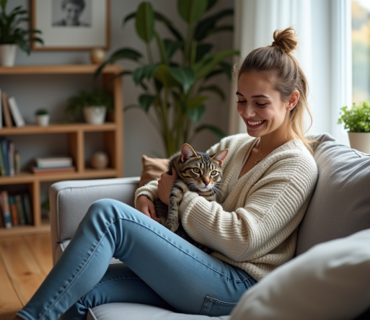 Habituer un chat à un nouveau propriétaire : conseils et astuces efficaces Jeune femme avec chat dans un salon chaleureux