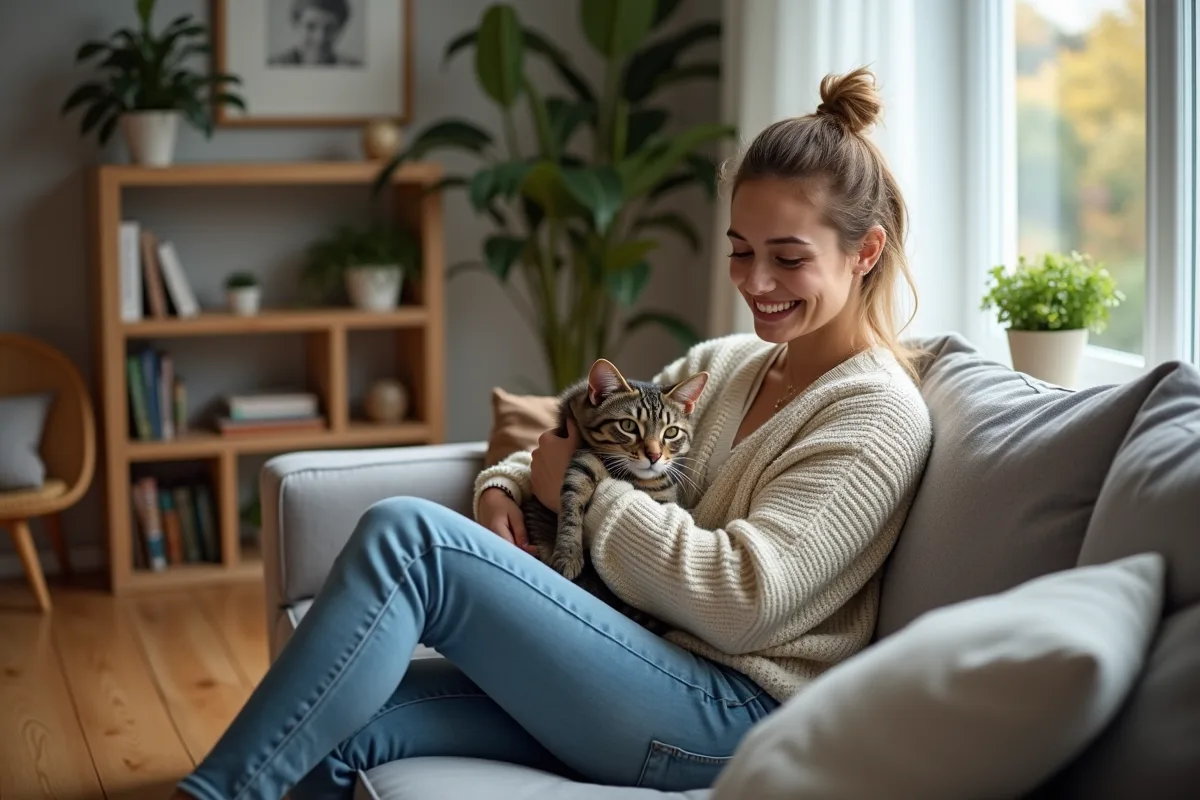 Jeune femme avec chat dans un salon chaleureux