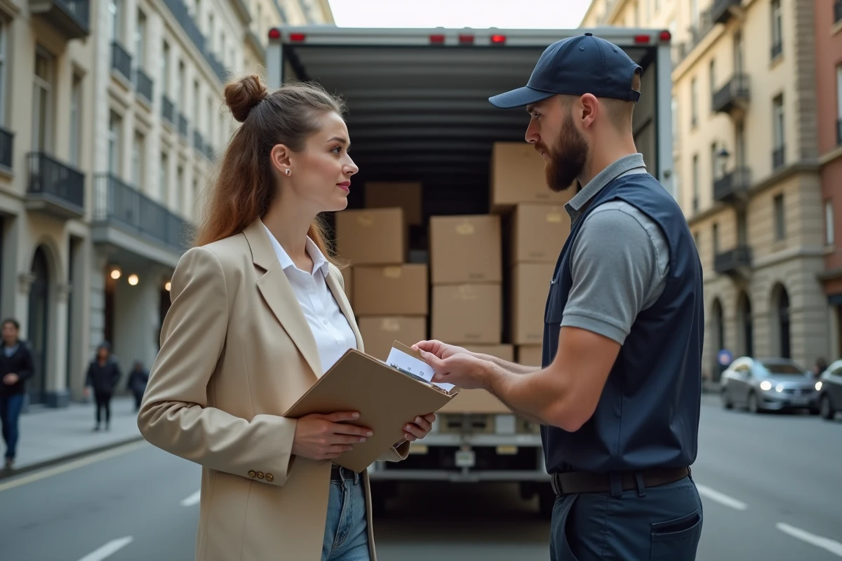 Jeune femme discutant avec un représentant de déménagement devant un camion