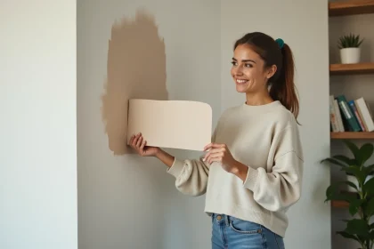 Femme souriante tenant un échantillon de couleur dans un intérieur moderne