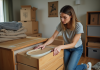 Déménagement : comment sécuriser les tiroirs de la commode ? Femme sécurisant un tiroir de commode avec du ruban adhésif