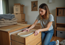 Déménagement : comment sécuriser les tiroirs de la commode ? Femme sécurisant un tiroir de commode avec du ruban adhésif