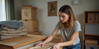 Déménagement : comment sécuriser les tiroirs de la commode ? Femme sécurisant un tiroir de commode avec du ruban adhésif