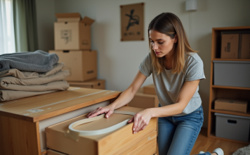 Déménagement : comment sécuriser les tiroirs de la commode ? Femme sécurisant un tiroir de commode avec du ruban adhésif