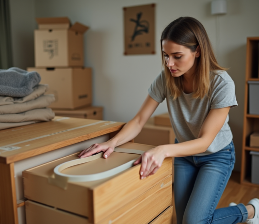 Déménagement : comment sécuriser les tiroirs de la commode ? Femme sécurisant un tiroir de commode avec du ruban adhésif