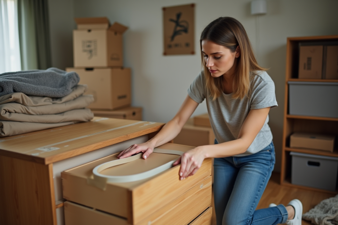 femme-emballage-dressing Femme sécurisant un tiroir de commode avec du ruban adhésif