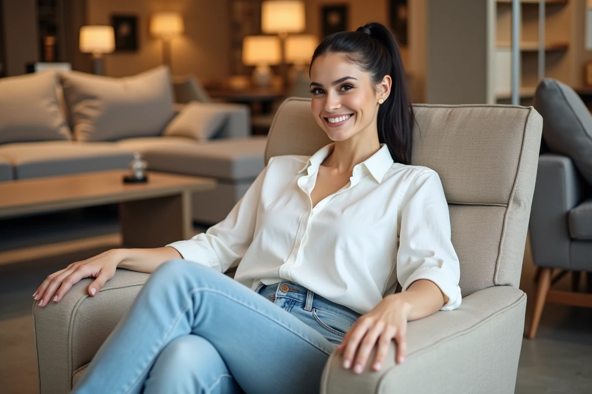 Femme assise dans un fauteuil beige confortable dans le magasin Poltrone et Sofa de Plan de Campagne, testant un modèle exposé avec un sourire naturel