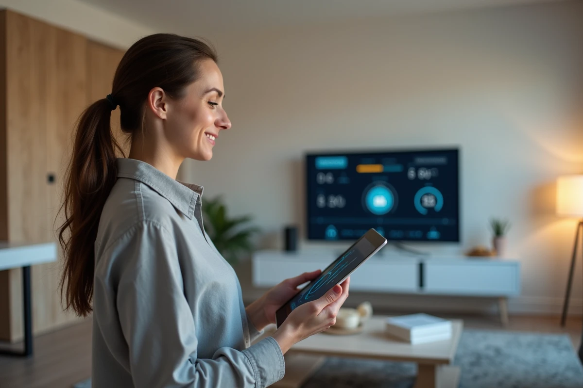 Femme gérant la protection électronique de sa maison connectée via une tablette numérique