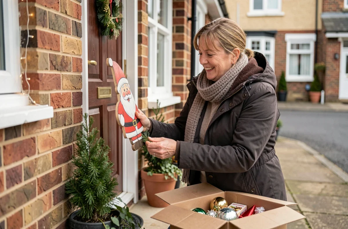 Femme installant une décoration père Noël en bois devant sa maison pour les fêtes à petit prix