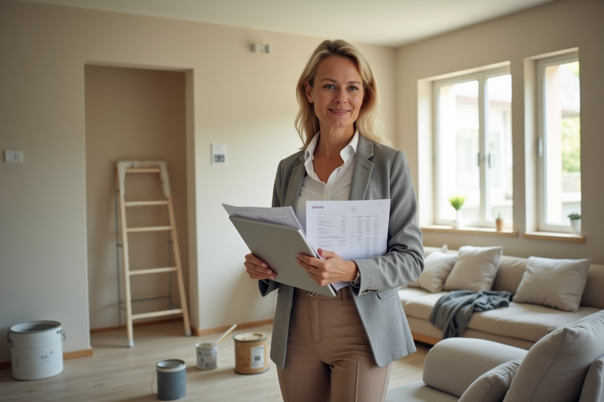 Femme vérifiant factures de rénovation dans un intérieur en travaux