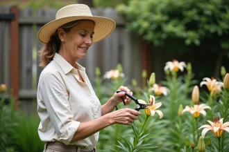 Femme en chapeau de paille coupe une lys fanée dans le jardin