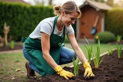 Femme plantant des bulbes de lys tiger dans le jardin