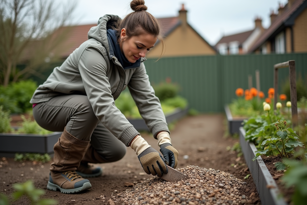 Femme en pantalon de travail utilisant une pelle dans un jardin