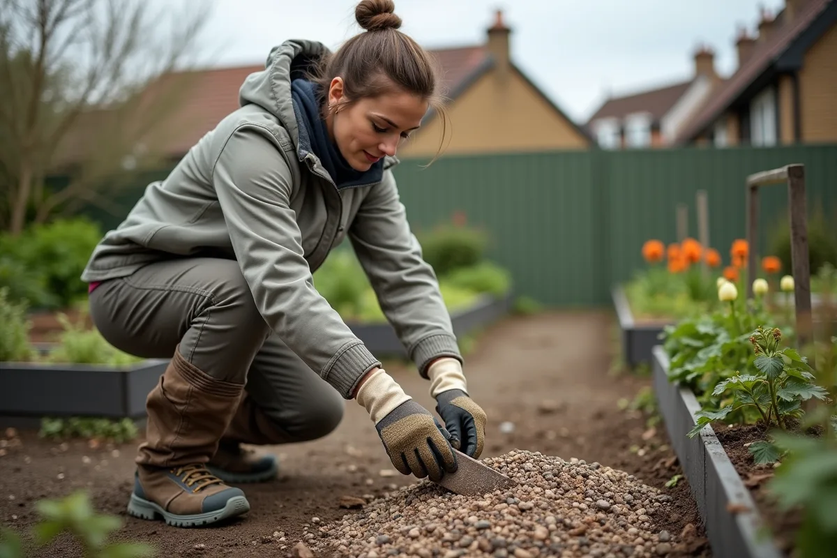 Femme en pantalon de travail utilisant une pelle dans un jardin