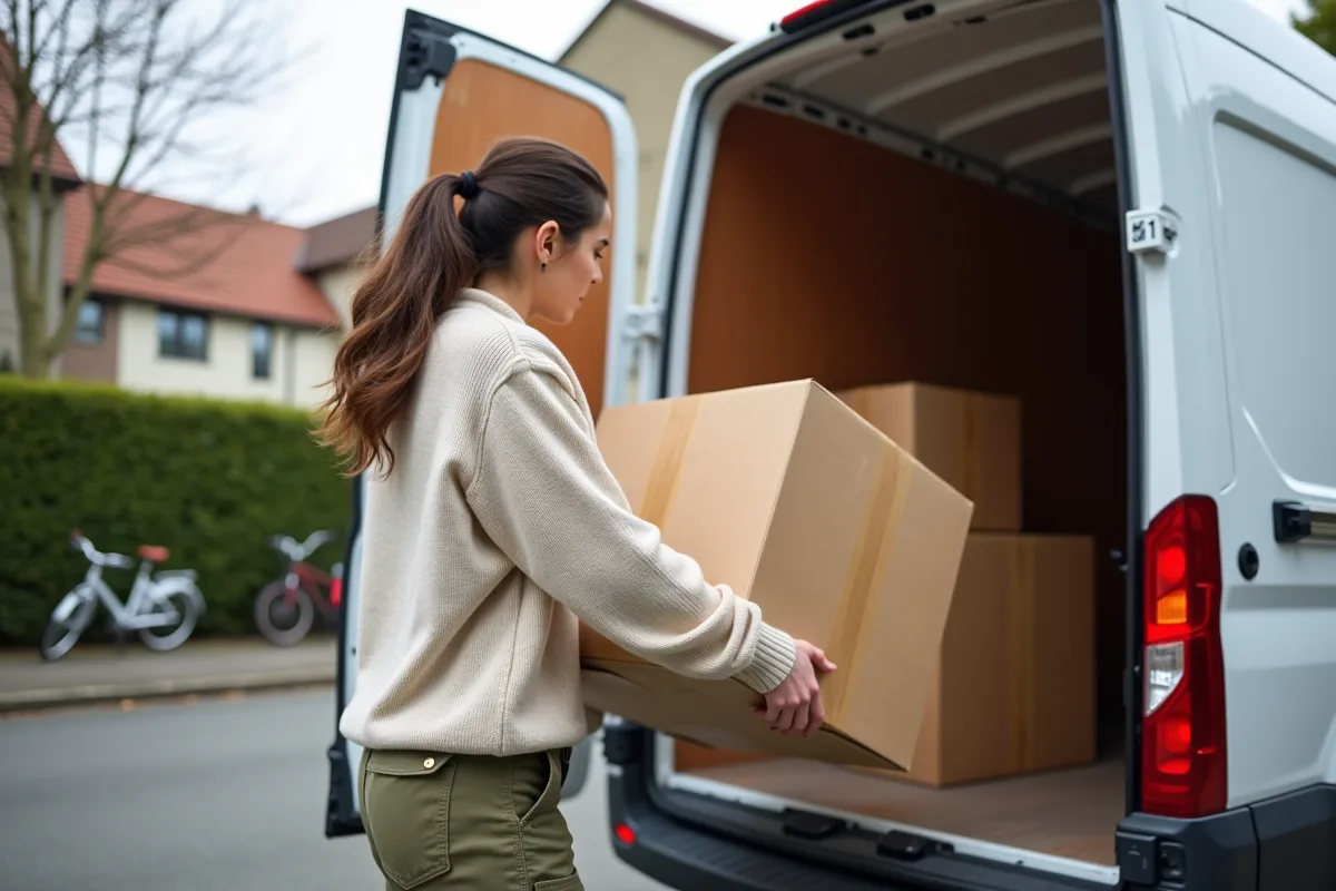 Jeune femme dépose un colis dans une camionnette