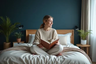 Femme lisant dans un lit au mur bleu fonce