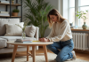 Distance optimale pour une table basse : conseils et astuces de positionnement Femme mesurant un canapé en tissu dans un intérieur scandinave