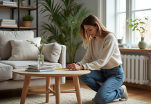 Distance optimale pour une table basse : conseils et astuces de positionnement Femme mesurant un canapé en tissu dans un intérieur scandinave