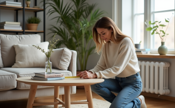 Femme mesurant un canapé en tissu dans un intérieur scandinave