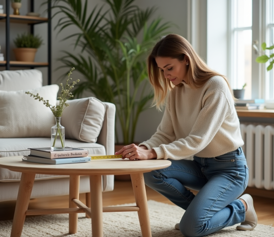 Distance optimale pour une table basse : conseils et astuces de positionnement Femme mesurant un canapé en tissu dans un intérieur scandinave