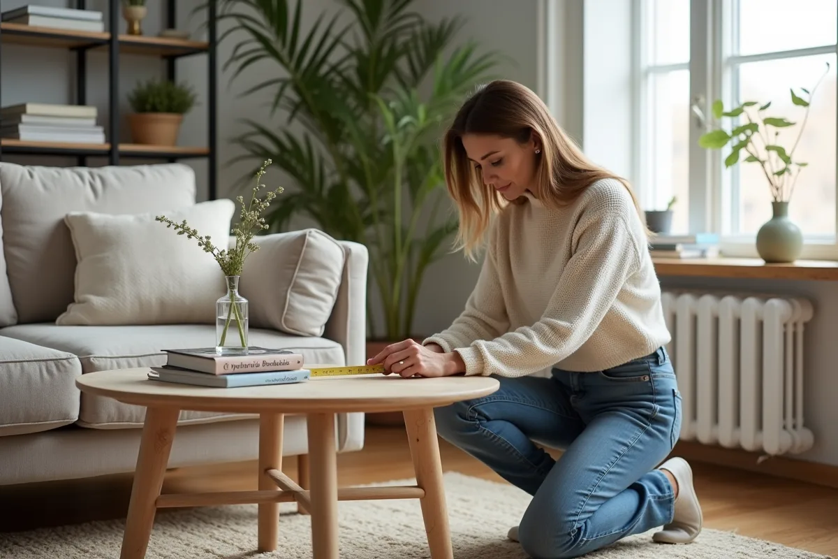 Femme mesurant un canapé en tissu dans un intérieur scandinave