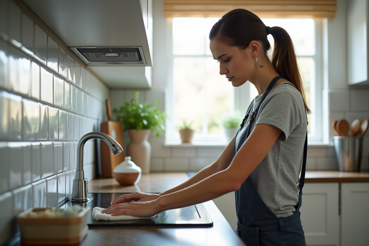Femme nettoie une ventouse dans la cuisine