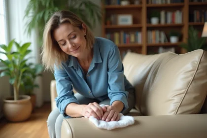 Femme appliquant un nettoyant sur un canapé en cuir beige dans un salon lumineux