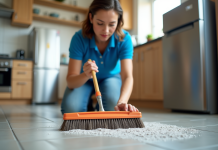 Nettoyer un sol antidérapant : astuces pour enlever les saletés efficacement Femme en jeans et polo bleu nettoyant un sol antidérapant