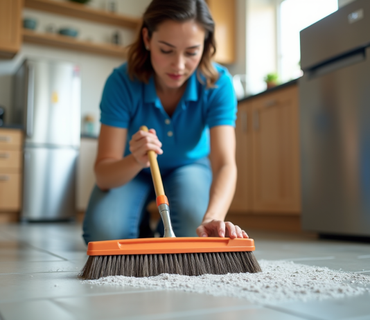 Nettoyer un sol antidérapant : astuces pour enlever les saletés efficacement Femme en jeans et polo bleu nettoyant un sol antidérapant