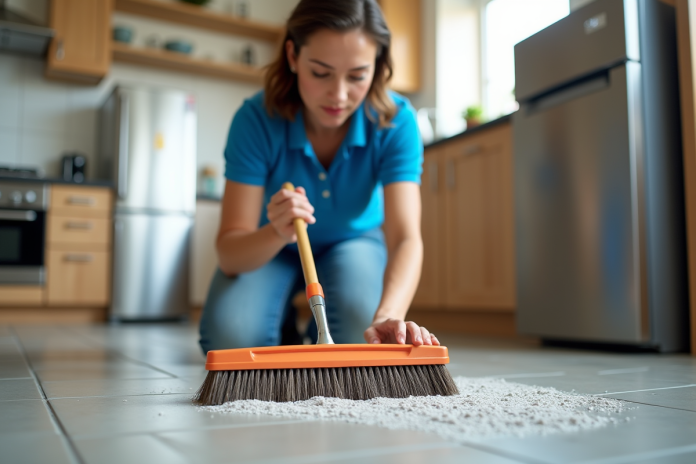 Femme en jeans et polo bleu nettoyant un sol antidérapant