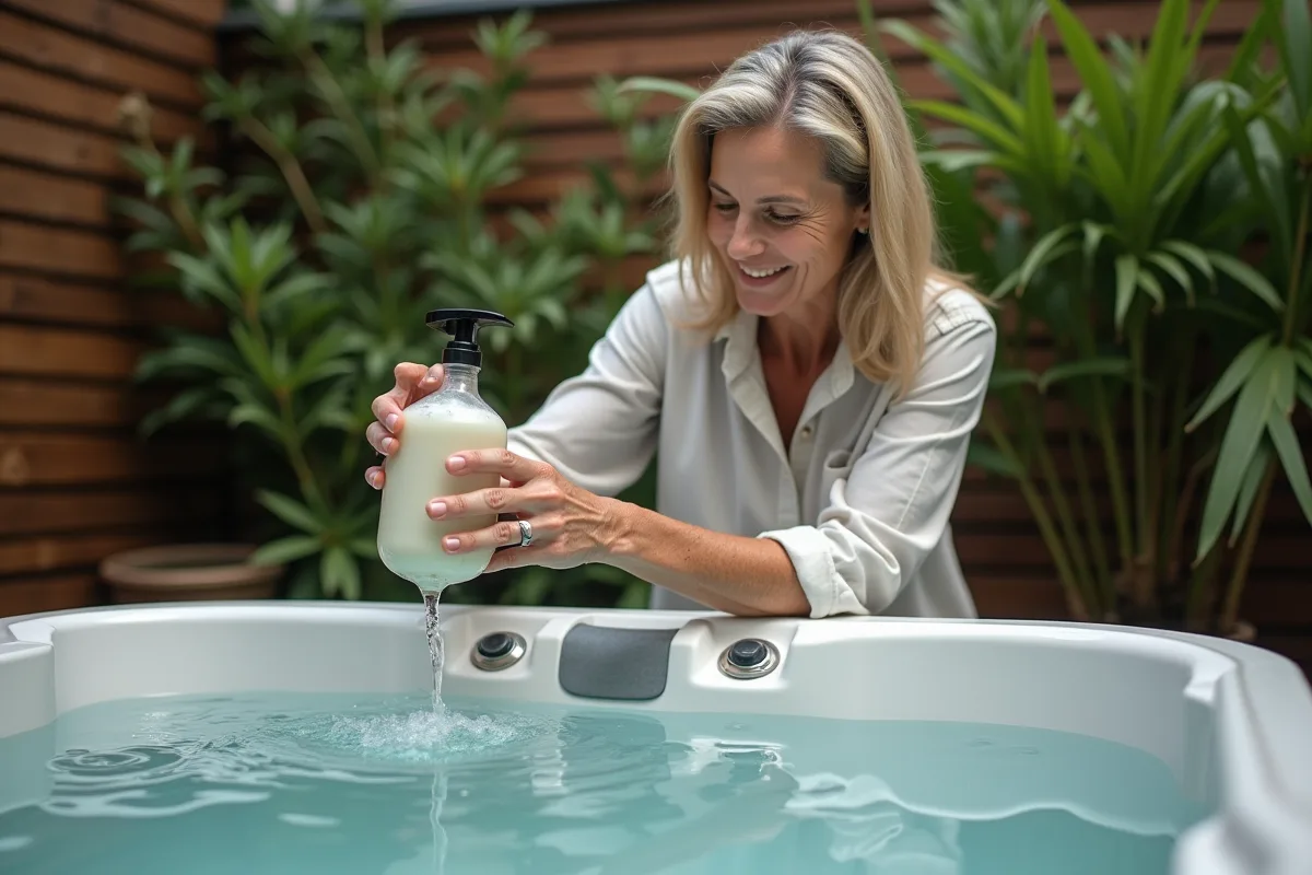 Femme versant une solution de nettoyage dans un spa extérieur