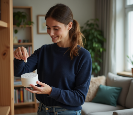 Absorbeur d’humidité le plus efficace : conseils et comparatif complet Femme arrangeant un absorbeur d'humidite dans un salon cosy