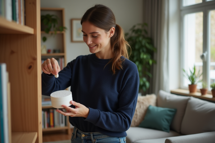 Femme arrangeant un absorbeur d'humidite dans un salon cosy