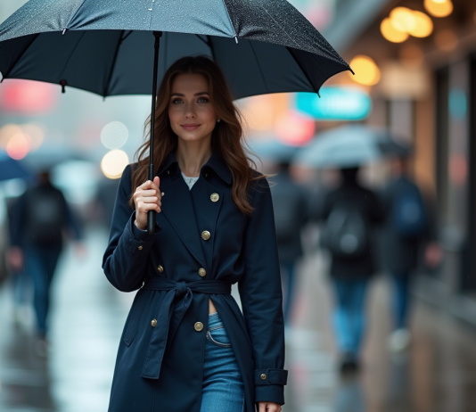 Jeune femme souriante avec parapluie noir en ville