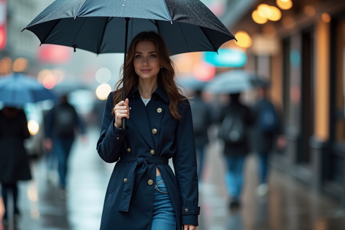 Jeune femme souriante avec parapluie noir en ville