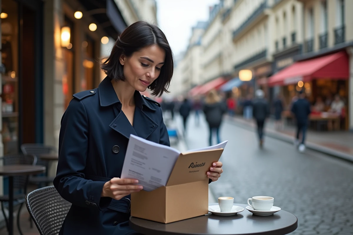 Femme parisienne consultant le guide de la Box Que J'adore Paris attablée en terrasse de café avec pavés mouillés et façades haussmanniennes en arrière-plan