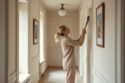 Femme élégante peignant un couloir neutre et lumineux