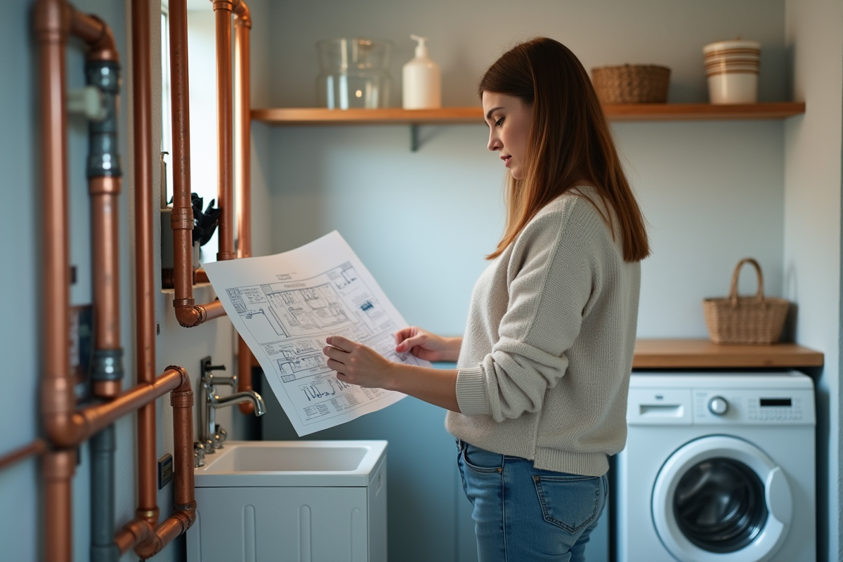 Jeune femme inspectant un diagramme de plomberie dans un local technique