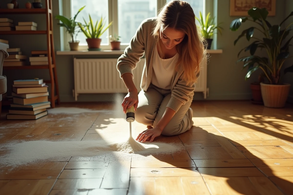 Jeune femme verse de la poudre sur un parquet ancien