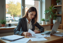 Femme professionnelle examine une estimation de déménagement dans un bureau