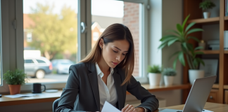 Femme professionnelle examine une estimation de déménagement dans un bureau
